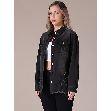 Women's Oversized Denim Jackets Frayed Hem Long Sleeve Button Up with Pockets Jean Jacket
