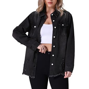 Women's Oversized Denim Jackets Frayed Hem Long Sleeve Button Up with Pockets Jean Jacket