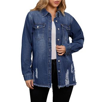 Women's Oversized Denim Jackets Frayed Hem Long Sleeve Button Up with Pockets Jean Jacket