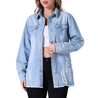 Women's Oversized Denim Jackets Frayed Hem Long Sleeve Button Up with Pockets Jean Jacket