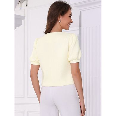 Tweed Jacket for Women's Summer Puffy Short Sleeve Round Neck Front Open Work Vintage Top