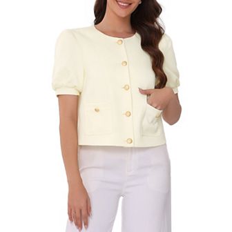 Tweed Jacket for Women's Summer Puffy Short Sleeve Round Neck Front Open Work Vintage Top