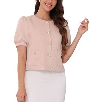 Tweed Jacket for Women's Summer Puffy Short Sleeve Round Neck Front Open Work Vintage Top