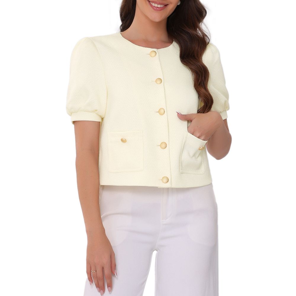 Tweed Jacket for Women's Summer Puffy Short Sleeve Round Neck