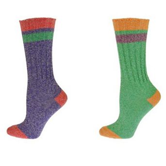 Twisted Marled Colorful Cotton Crew 2 Pair Socks, Perfect Heel & Toe Socks