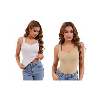 2 Packs Women's V Neck Tank Tops with Built in Bra Undershirt Base Layer Vest