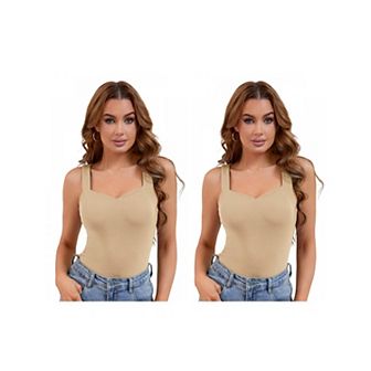 2 Packs Women's V Neck Tank Tops with Built in Bra Undershirt Base Layer Vest