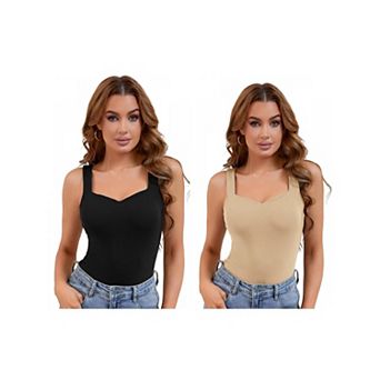 2 Packs Women's V Neck Tank Tops with Built in Bra Undershirt Base Layer Vest