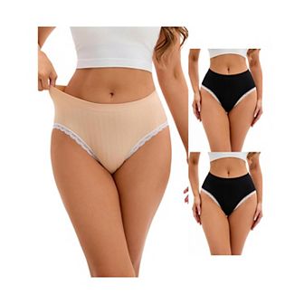 3 Packs Women's Lace Trim Mid-Waisted Briefs Hip Lifter No Trace Underwears