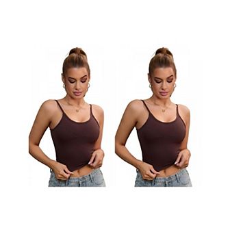 2 Packs Women's V Neck Ribbed Spaghetti Straps Camisole Tummy Control Tank Top