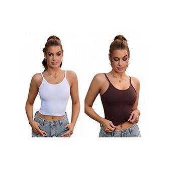 2 Packs Women's V Neck Ribbed Spaghetti Straps Camisole Tummy Control Tank Top