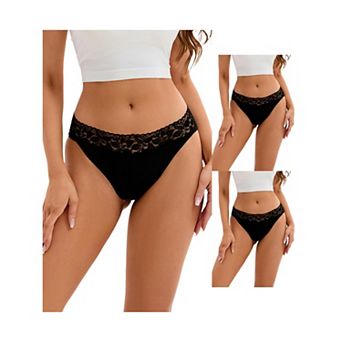 3 Packs Women's Hi-Cut Lace Trim Mid-Waisted Briefs Full Coverage Hipsters Underwears