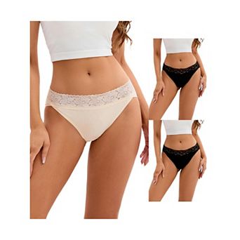 3 Packs Women's Hi-Cut Lace Trim Mid-Waisted Briefs Full Coverage Hipsters Underwears