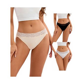 3 Packs Women's Hi-Cut Lace Trim Mid-Waisted Briefs Full Coverage Hipsters Underwears