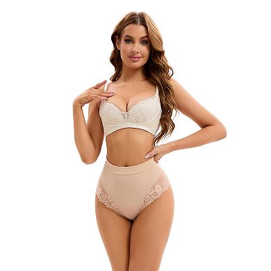 3 Packs Women's Lace Trim High-Waisted Underwear Thongs Briefs Tummy Control Underpants