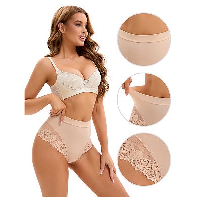 3 Packs Women's Lace Trim High-Waisted Underwear Thongs Briefs Tummy Control Underpants