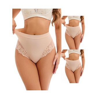 3 Packs Women's Lace Trim High-Waisted Underwear Thongs Briefs Tummy Control Underpants