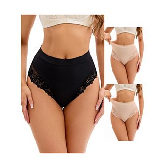 3 Packs Women's Lace Trim High-Waisted Underwear Thongs Briefs Tummy Control Underpants