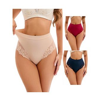3 Packs Women's Lace Trim High-Waisted Underwear Thongs Briefs Tummy Control Underpants