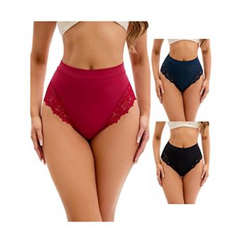 3 Packs Women's Lace Trim High-Waisted Underwear Thongs Briefs Tummy Control Underpants