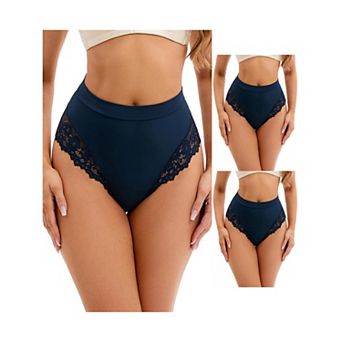 3 Packs Women's Lace Trim High-Waisted Underwear Thongs Briefs Tummy Control Underpants