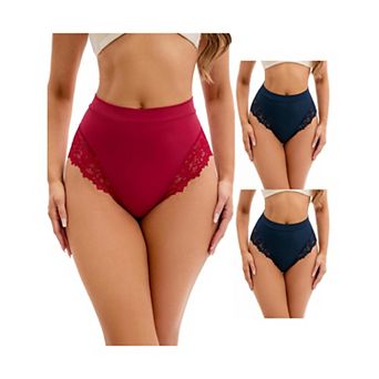 3 Packs Women's Lace Trim High-Waisted Underwear Thongs Briefs Tummy Control Underpants
