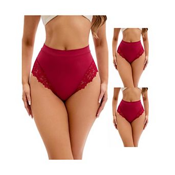 3 Packs Women's Lace Trim High-Waisted Underwear Thongs Briefs Tummy Control Underpants