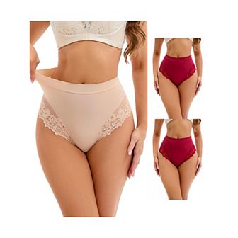 3 Packs Women's Lace Trim High-Waisted Underwear Thongs Briefs Tummy Control Underpants