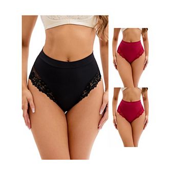 3 Packs Women's Lace Trim High-Waisted Underwear Thongs Briefs Tummy Control Underpants