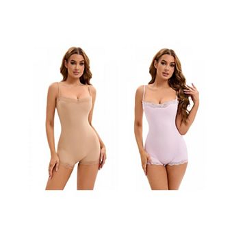 2 Packs Women's Lace Trim Cami Adjustable Straps Tummy Control Hip Lifter Jumpsuits Shaperwear