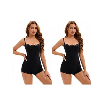 2 Packs Women's Lace Trim Cami Adjustable Straps Tummy Control Hip Lifter Jumpsuits Shaperwear