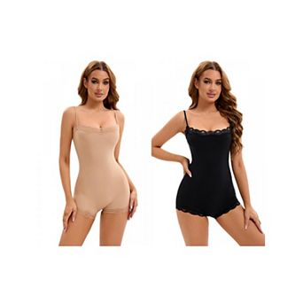 2 Packs Women's Lace Trim Cami Adjustable Straps Tummy Control Hip Lifter Jumpsuits Shaperwear