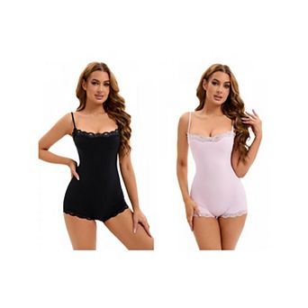 2 Packs Women's Lace Trim Cami Adjustable Straps Tummy Control Hip Lifter Jumpsuits Shaperwear