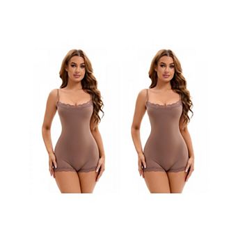 2 Packs Women's Lace Trim Cami Adjustable Straps Tummy Control Hip Lifter Jumpsuits Shaperwear