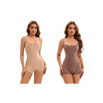 2 Packs Women's Lace Trim Cami Adjustable Straps Tummy Control Hip Lifter Jumpsuits Shaperwear