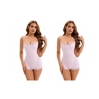 2 Packs Women's Lace Trim Cami Adjustable Straps Tummy Control Hip Lifter Jumpsuits Shaperwear