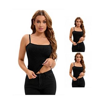 3 Packs Women's Ribbed Camisole Basic Undershirts Unadjustable Spaghetti Strap Cami Tank Tops