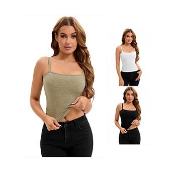 3 Packs Women's Ribbed Camisole Basic Undershirts Unadjustable Spaghetti Strap Cami Tank Tops
