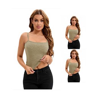 3 Packs Women's Ribbed Camisole Basic Undershirts Unadjustable Spaghetti Strap Cami Tank Tops