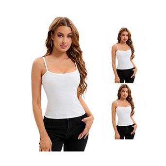 3 Packs Women's Ribbed Camisole Basic Undershirts Unadjustable Spaghetti Strap Cami Tank Tops