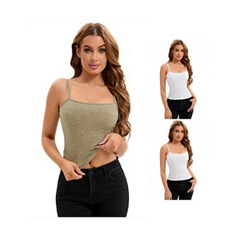 3 Packs Women's Ribbed Camisole Basic Undershirts Unadjustable Spaghetti Strap Cami Tank Tops