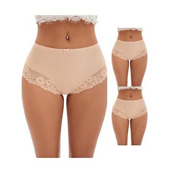 3 Packs Women's Lace Trim High Waist Briefs Full-Coverage Lace Back Underwear Panties