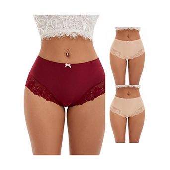 3 Packs Women's Lace Trim High Waist Briefs Full-Coverage Lace Back Underwear Panties