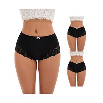 3 Packs Women's Lace Trim High Waist Briefs Full-Coverage Lace Back Underwear Panties