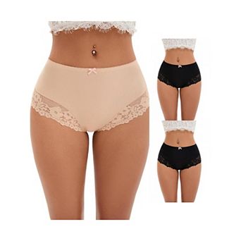 3 Packs Women's Lace Trim High Waist Briefs Full-Coverage Lace Back Underwear Panties