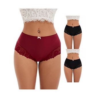 3 Packs Women's Lace Trim High Waist Briefs Full-Coverage Lace Back Underwear Panties