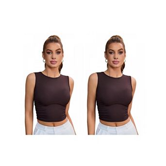 2 Packs Women's Sleeveless Ribbed Tank Top Waist-Cinched Workout Shirt with Dual Side Pleats