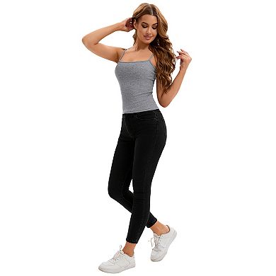 2 Packs Women's Ribbed Camisole Basic Undershirts Unadjustable Spaghetti Strap Cami Tank Top