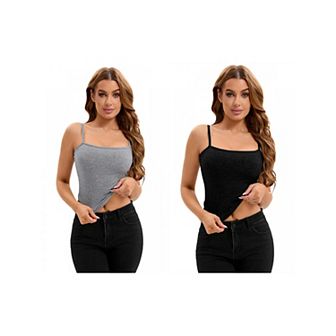 2 Packs Women's Ribbed Camisole Basic Undershirts Unadjustable Spaghetti Strap Cami Tank Top
