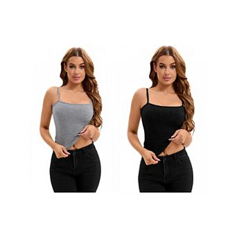 2 Packs Women's Ribbed Camisole Basic Undershirts Unadjustable Spaghetti Strap Cami Tank Top
